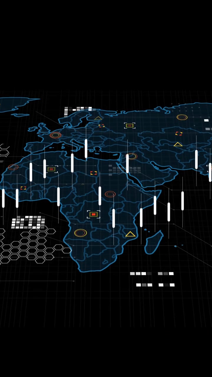 Animation of data processing over world map against black background