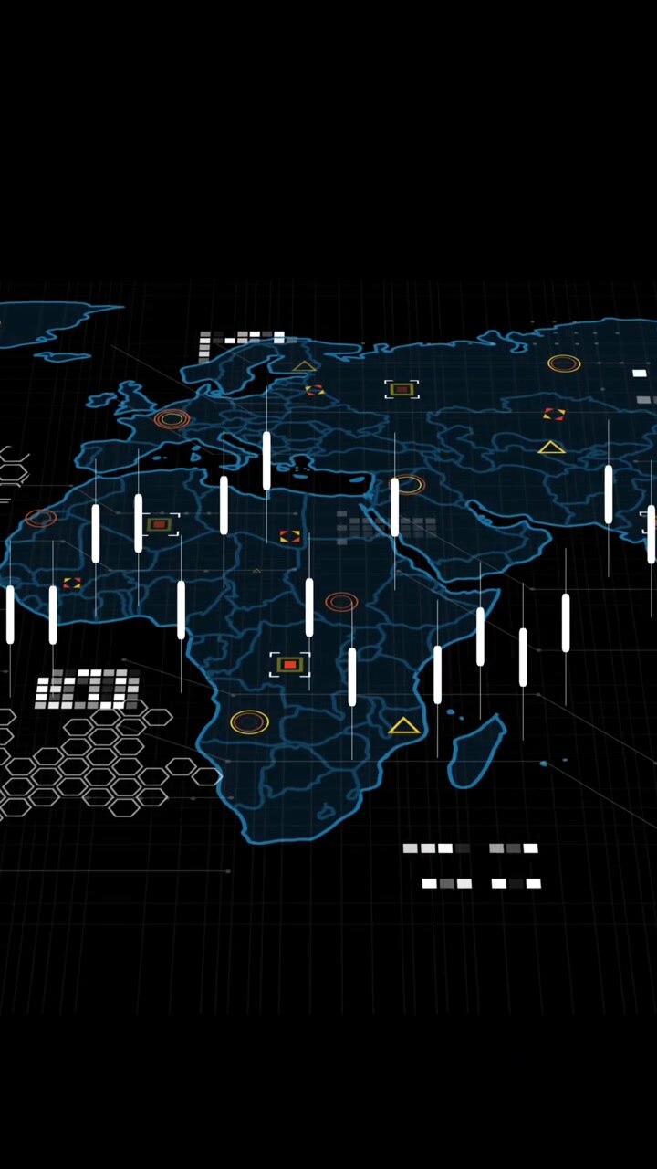 Animation of data processing over world map against black background