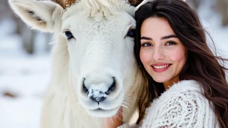 a woman is posing with a goat in the snow