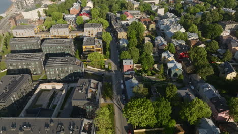 aerial tracking shot of estonian homes in the kalamaja, tallinn, summer day