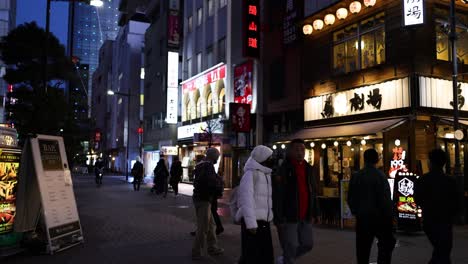 pedestrians walking past illuminated shops at dusk