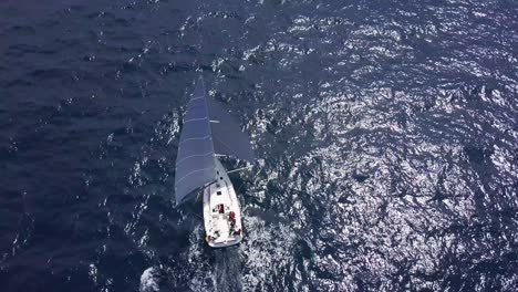 sailboat sailing on the blue sea - aerial drone top down view