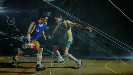 Animation-of-connected-dots-and-graph-icons-over-diverse-players-playing-basketball