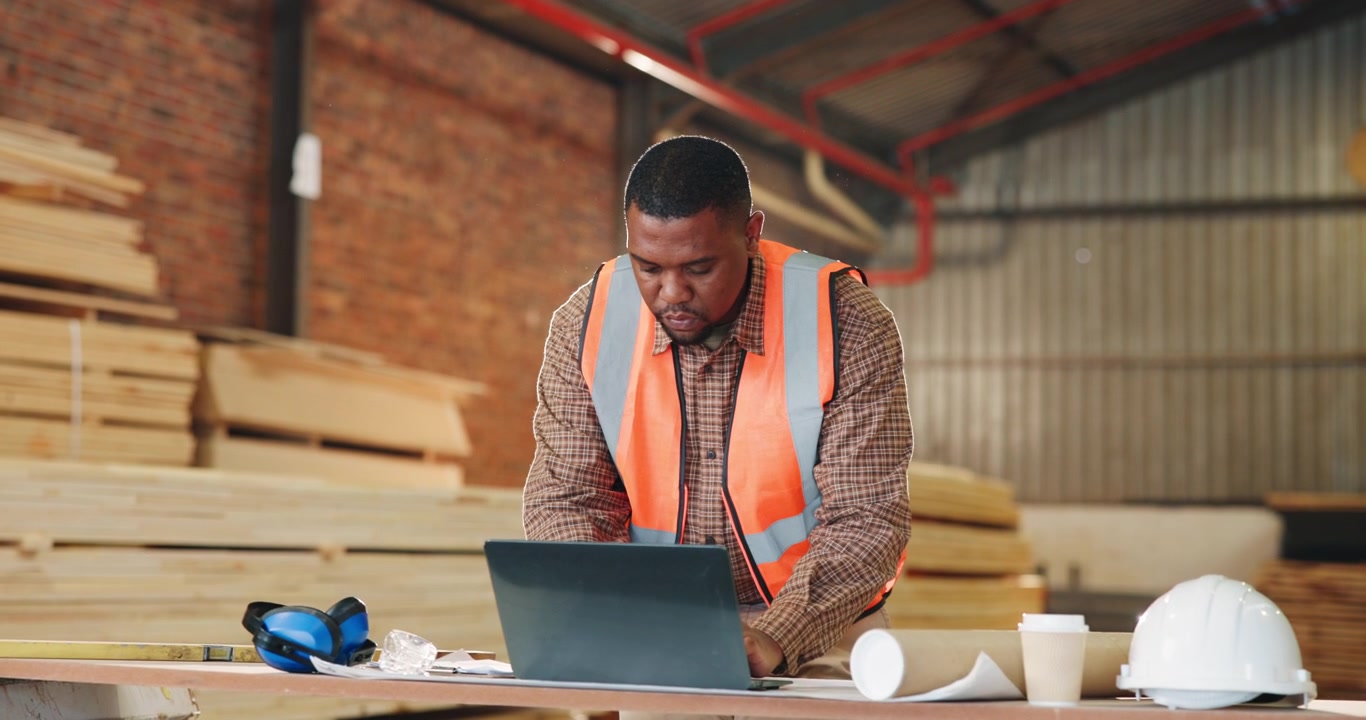 Construction Manager Working on Laptop in Lumber Warehouse