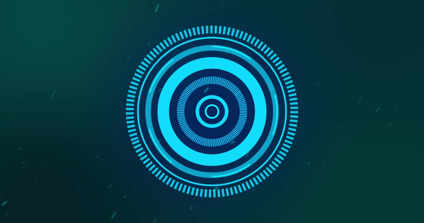 Inner rings brightening, concentric HUD pulsing, outer dashed ring rotating, showing target on teal