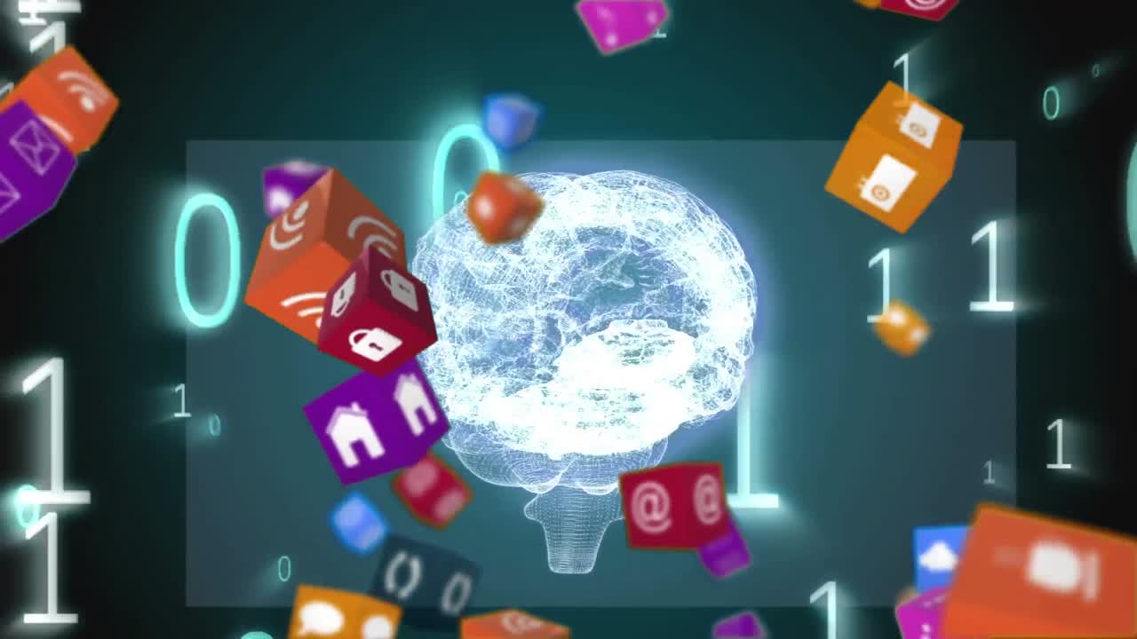 los códigos binarios y los iconos en los cubos caen mientras el diagrama cerebral gira