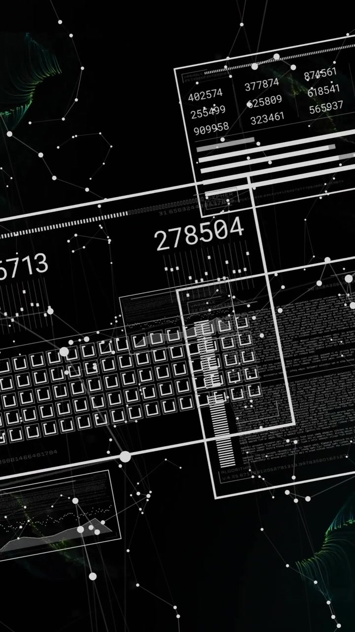 Animation of graphs, changing numbers, loading squares and connected dots over black background