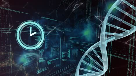 Animation-Einer-Beweglichen-Uhr-Und-DNA-Auf-Schwarzem-Hintergrund-Mit-Sternbildern-Und-Computercode