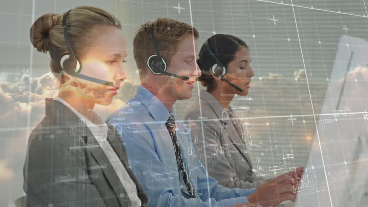 Animation of data processing over businesspeople wearing phone headset