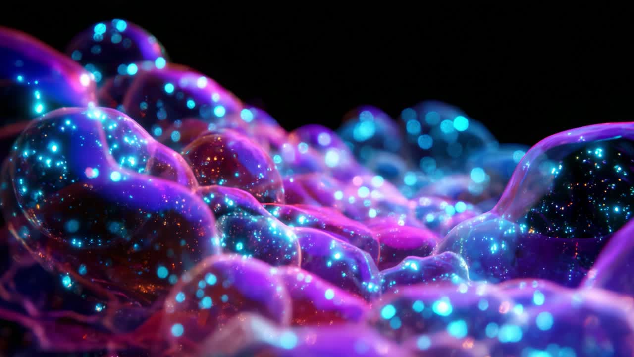 A Microscopic Journey Through Vibrant Cosmic Bubbles: An Exquisite Display of Colorful Celestial Forms with Sparkling Stars Captured in Stunning Detail and Depth Against a Dark Background
