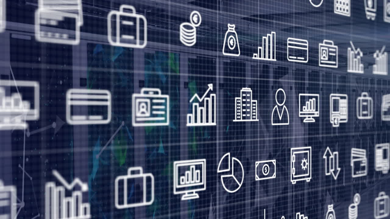 animación de la red de conexiones con iconos sobre la sala del servidor