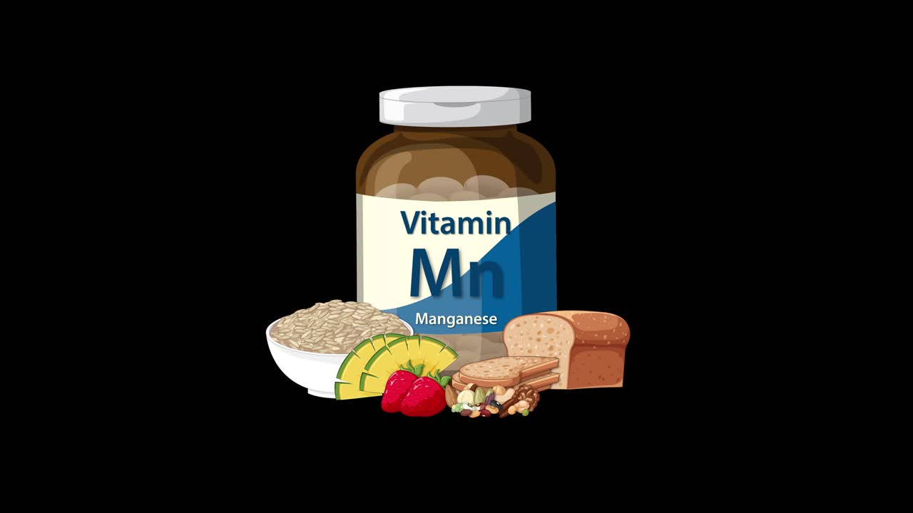 Vitamin Mn supplement bottle transitions to include grains, fruits, and bread on black background