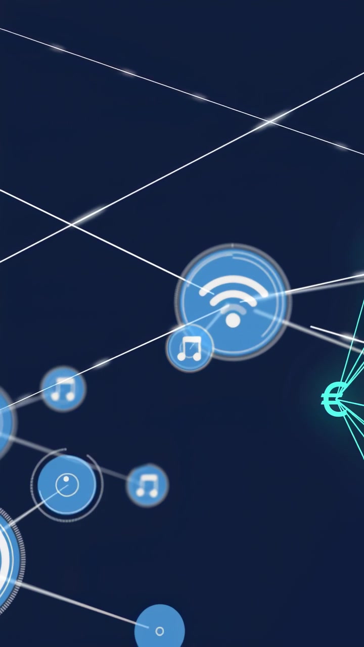 Vertikal video: Pulserende Wi-Fi blå node sender linjer på et marineblåt panel, der forbinder musiknoder til en cyanfarvet hub.