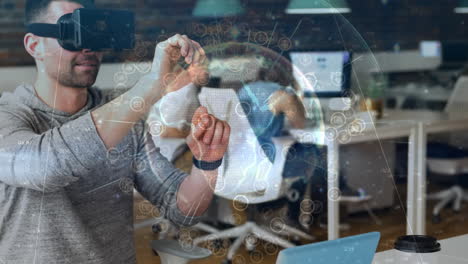 usando auriculares de realidad virtual, el hombre interactuando con la interfaz digital a través del entorno de la oficina