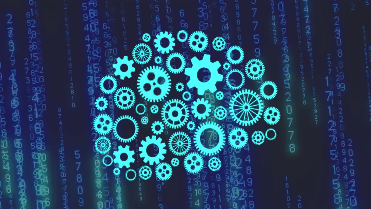 animación del cerebro con engranajes sobre fondo azul