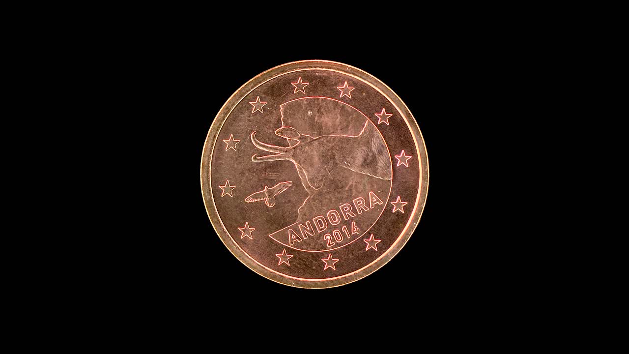 Andorra 5 euro cent obverse rotates with chamois and eagle on black background