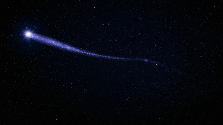 Appearing at start upper-left, gliding blue-white comet streaking across starfield, sparkling tail