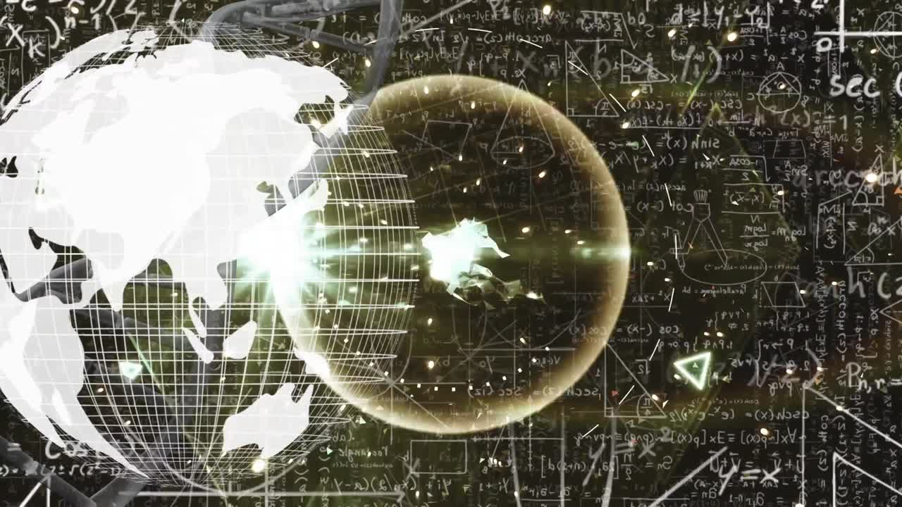 어두운 배경에 빛, 지구와 수학 공식의 애니메이션