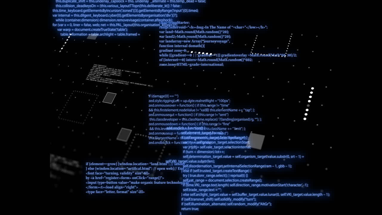 Programming code and geometric shapes animation over dark background with dotted grid
