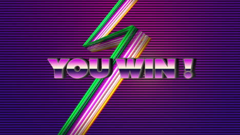 animation of you win text banner over colorful light trails on purple gradient striped background