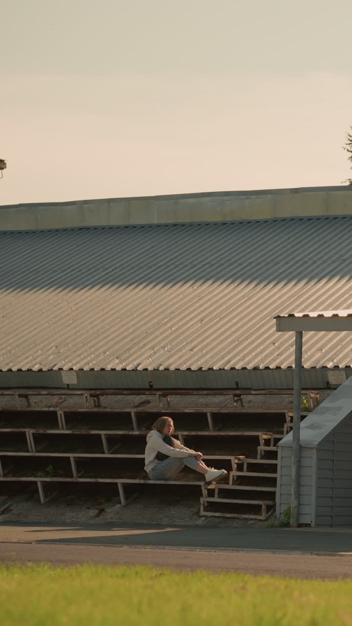 mujer sentada sola en las gradas del estadio bajo un techo de metal, pareciendo profundamente pensativa. el fondo sereno incluye árboles verdes exuberantes y la suave luz del sol