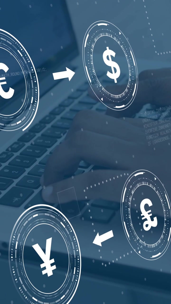 Animation of currency icons with data processing over african american businesswoman using laptop