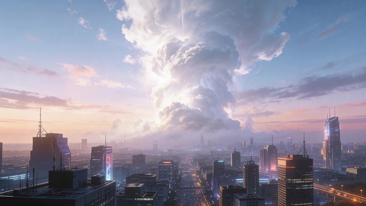 Groeiende enorme wolkenpilaar die gouden uurlicht absorbeert boven stadsskyline, verticale straal uitzendend