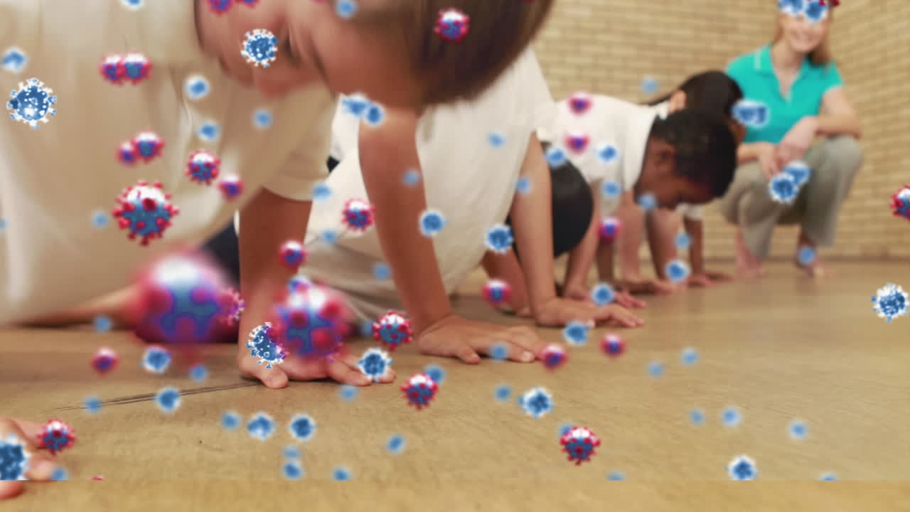 animación de células macro covid 19 sobre niños en edad escolar