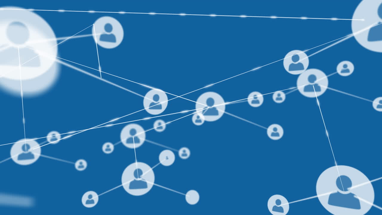 animación de la red de conexiones con iconos sobre formas púrpuras sobre fondo azul