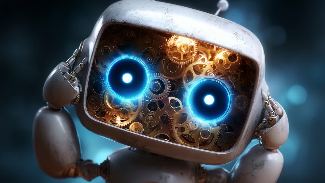 An enchanting robotic figure stands against a captivating backdrop, with glowing eyes surrounded by mesmerizing gears, representing the fusion of technology and art in a surreal atmosphere
