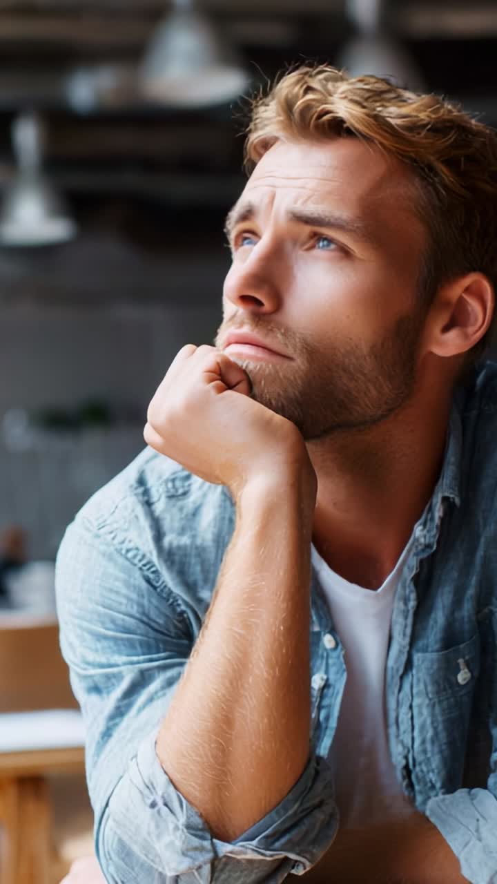 A young man deep in thought, gazing upward with a pensive expression, capturing a moment of reflection in a cozy, modern setting filled with soft lighting