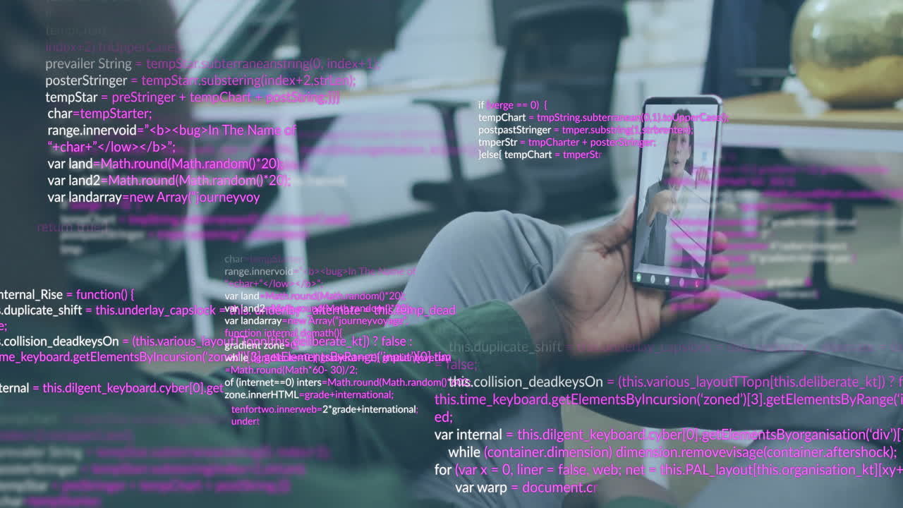 Animation of data processing over diverse colleagues having smartphone video call