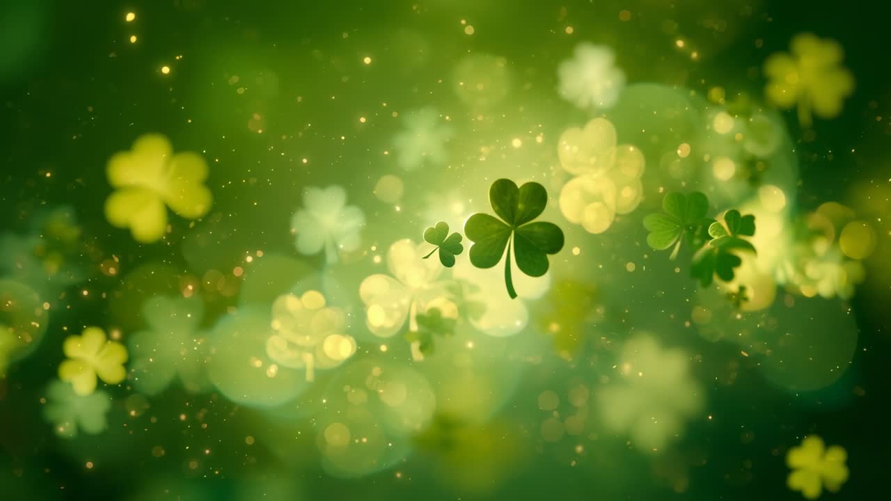Moving center dark-green shamrock forward by camera pull to show focus in green bokeh with sparkles