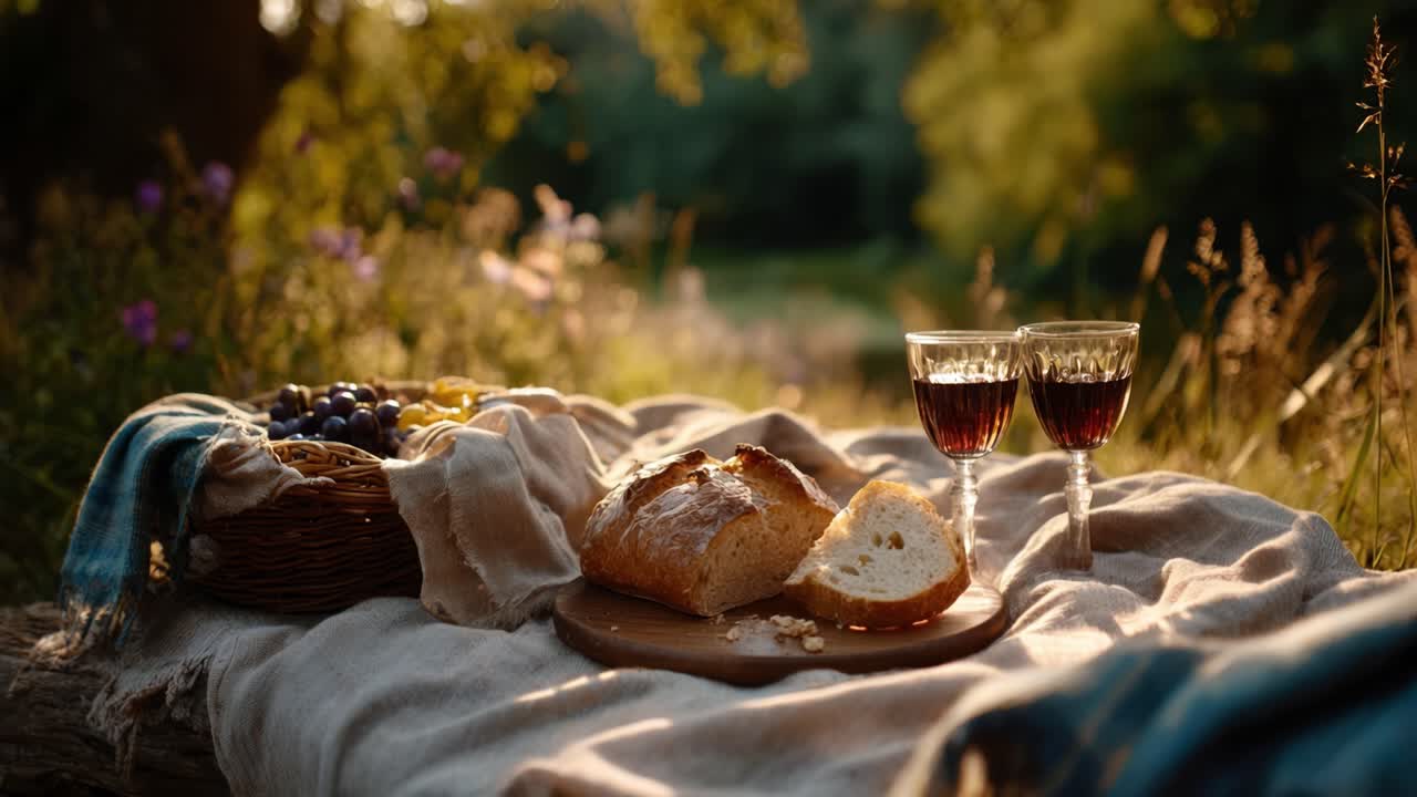 A Serene Outdoor Picnic Scene Featuring Fresh Bread, Grapes, and Two Glasses of Red Wine Surrounded by Nature's Beauty During Golden Hour