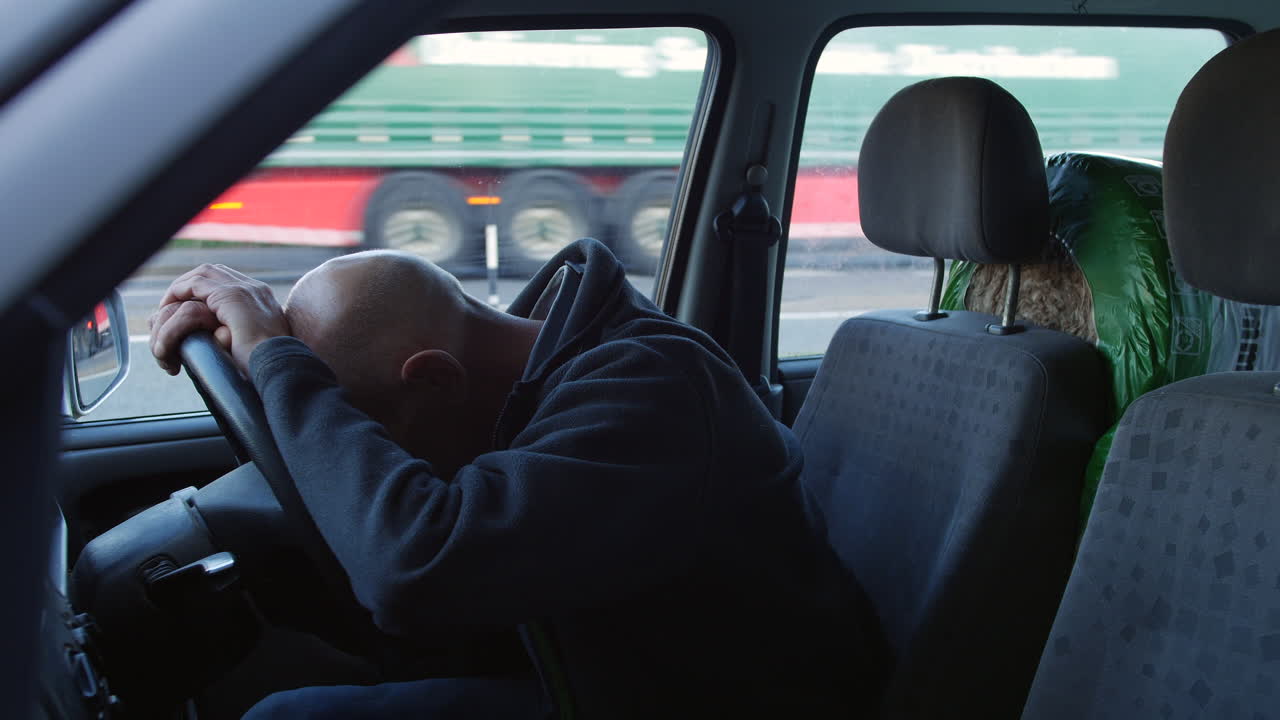 길을 잃고 우울해 보이는 차에 앉아 있는 슬픈 성숙한 남자