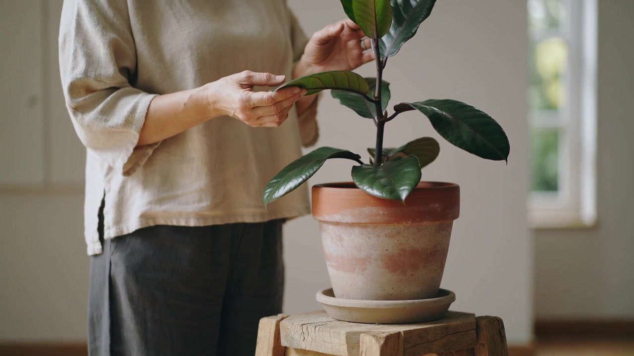 Allungando la mano verso una foglia, una donna solleva e ispeziona le foglie della pianta a casa, controllando i danni, con un top beige