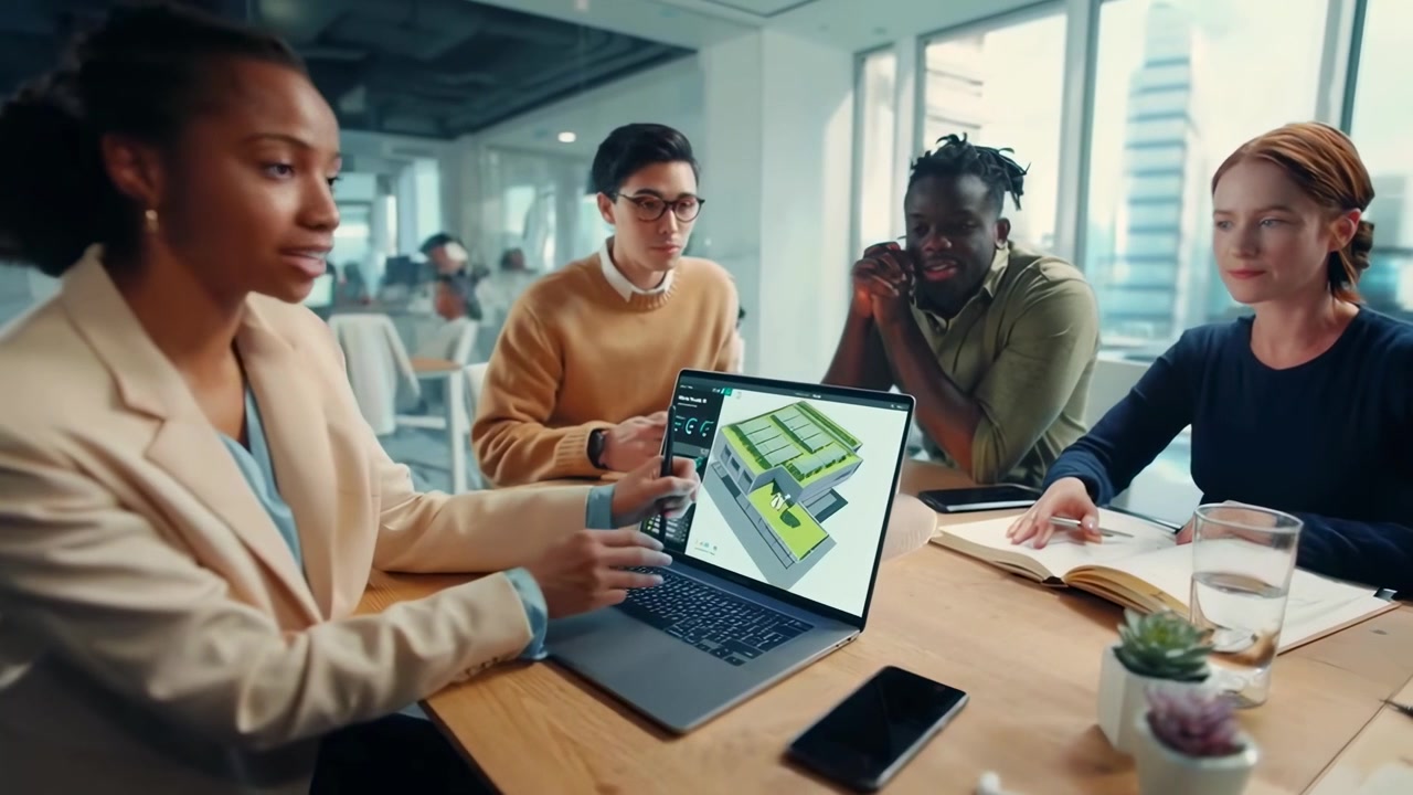 Diverse Professional Team Collaborating on Renewable Energy Project in Modern Office