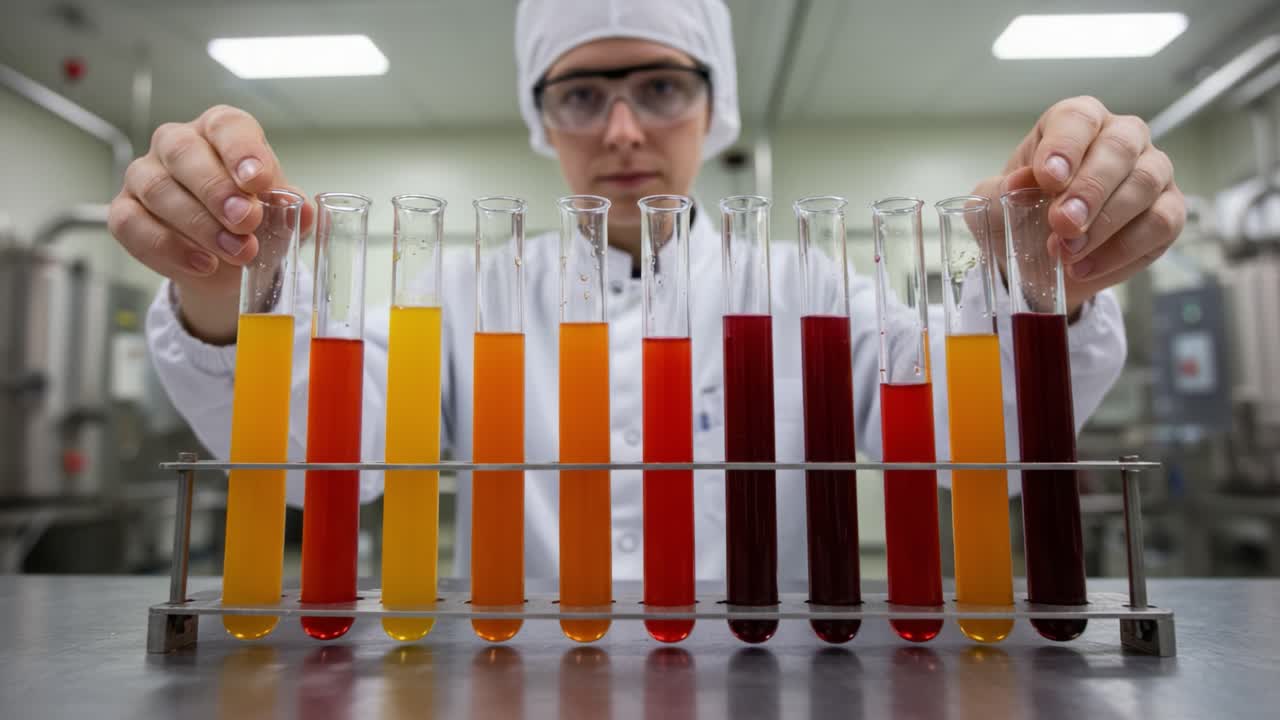 A Scientist Analyzes Various Colored Solutions in Test Tubes, Highlighting the Importance of Precision and Observation in Chemistry Lab Experiments