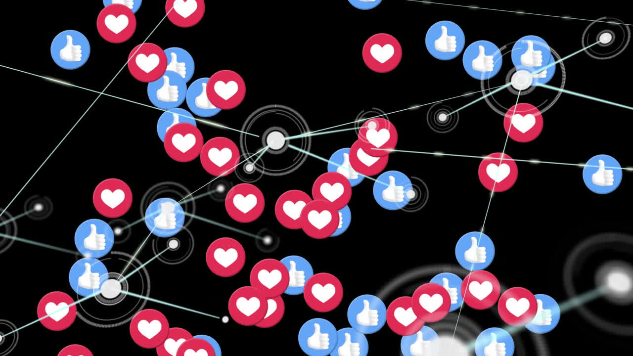 анимация значков сетевых соединений, летающих на черном фоне