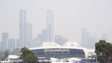 Rod Laver in Melbourne, home of events like the Australian Open tennis tournament, is covered in thick smoke as a result of the Australian bushfire crisis. Displays pollution or global warming.