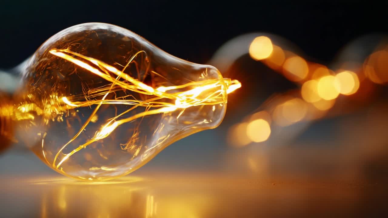 Captivating Detail of a Vintage Light Bulb with Warm Glowing Filaments, Emphasizing the Elegant Curvature and Translucent Glass of the Bulb in an Aesthetic Arrangement Against a Soft Background