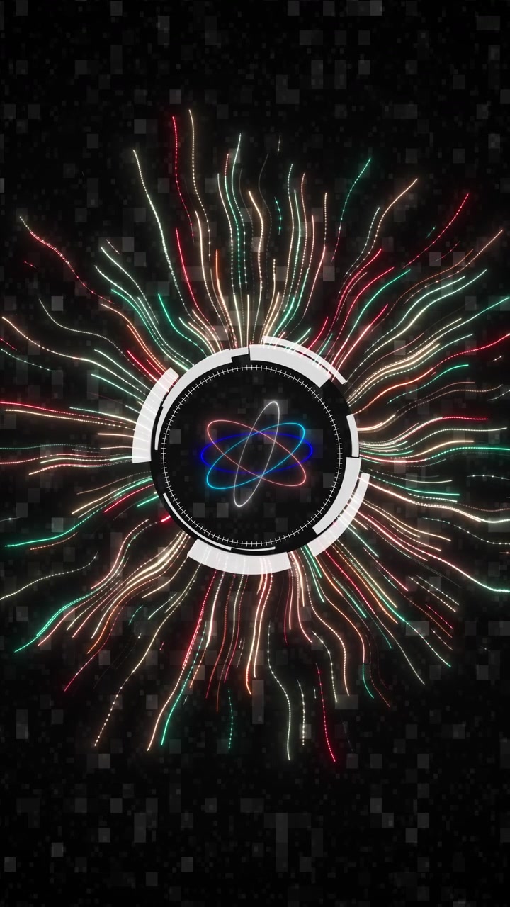 Futuristic neon science orbit motion bright atomic rings multicolor light strands waves digital