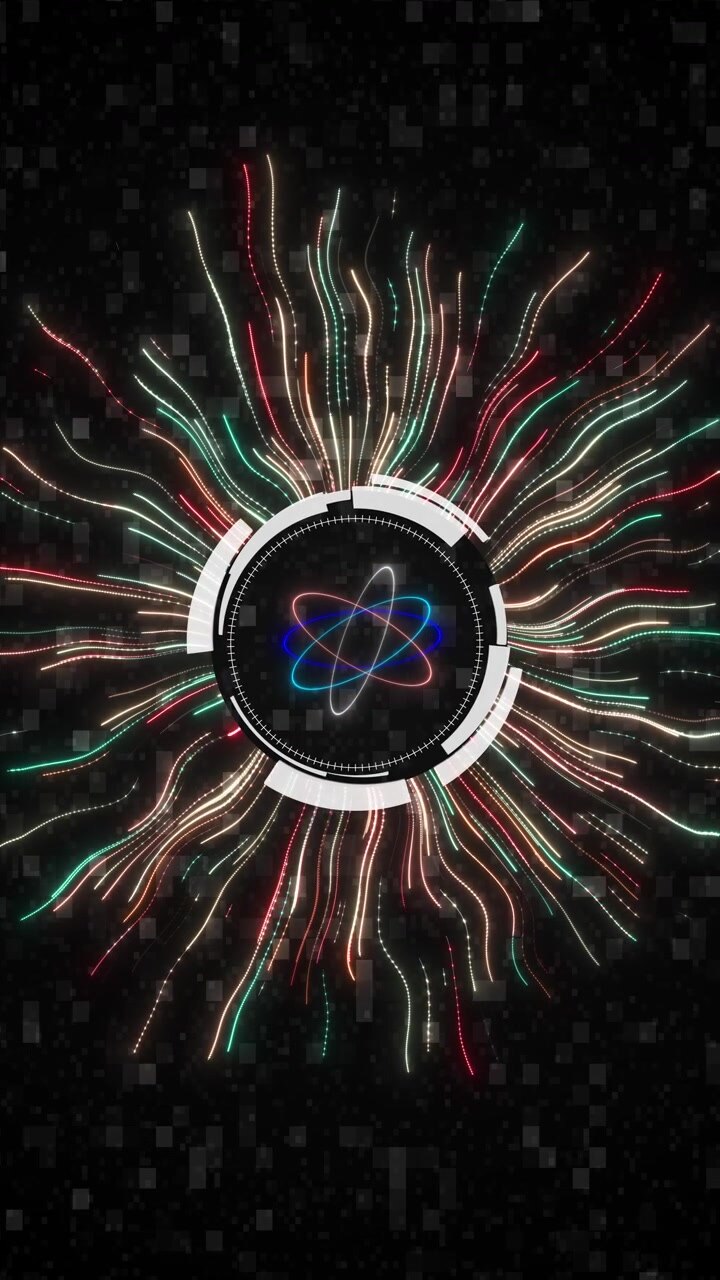 Futuristic neon science orbit motion bright atomic rings multicolor light strands waves digital