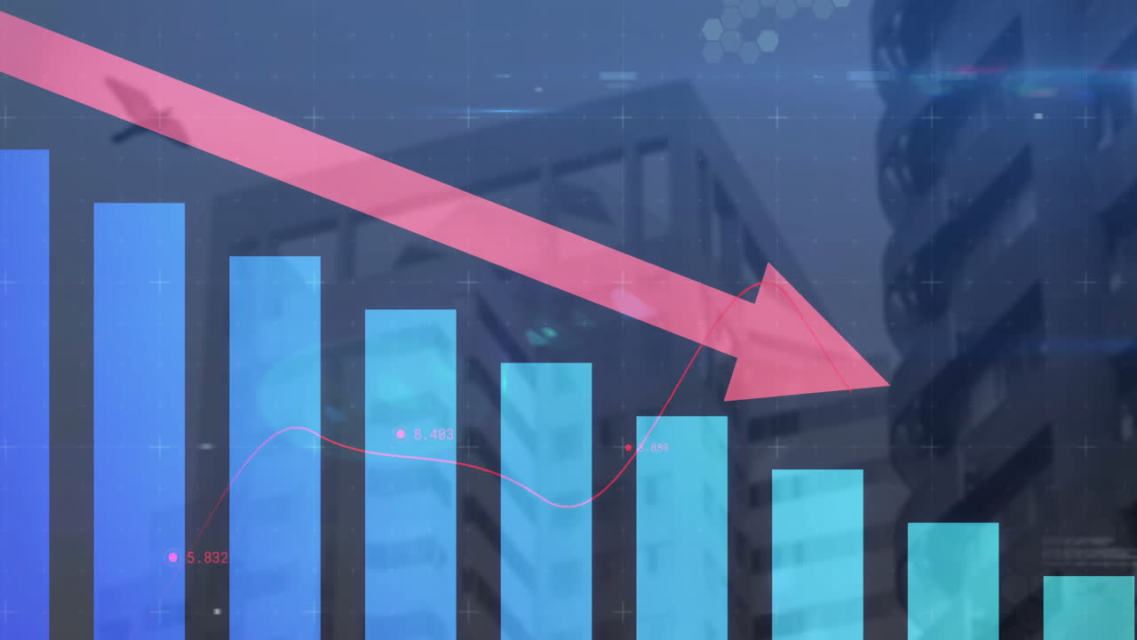 Declining bar chart and red arrow animation over cityscape background