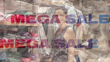animación del texto de la nueva temporada en rojo y azul, sobre la mujer arreglando la ropa en los estantes de la tienda