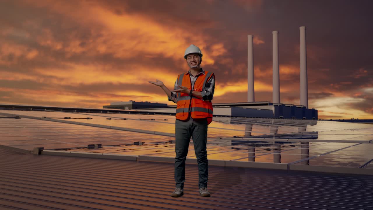 Full Body Of Asian Male Engineer With Safety Helmet Smiling And Pointing To Side While Standing, Inspecting Solar Panels on Rooftop at Sunset