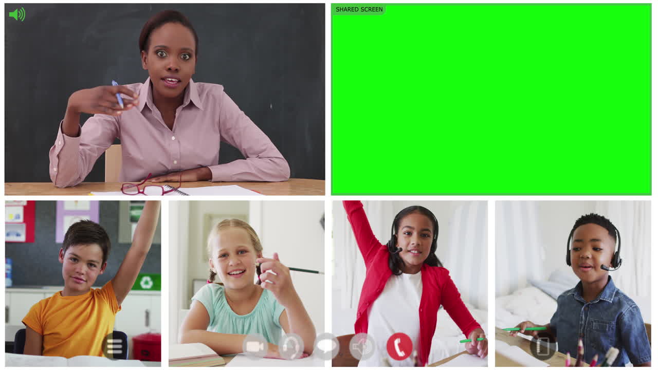 Animation of six screens of diverse children, teacher and green screen during online school lesson