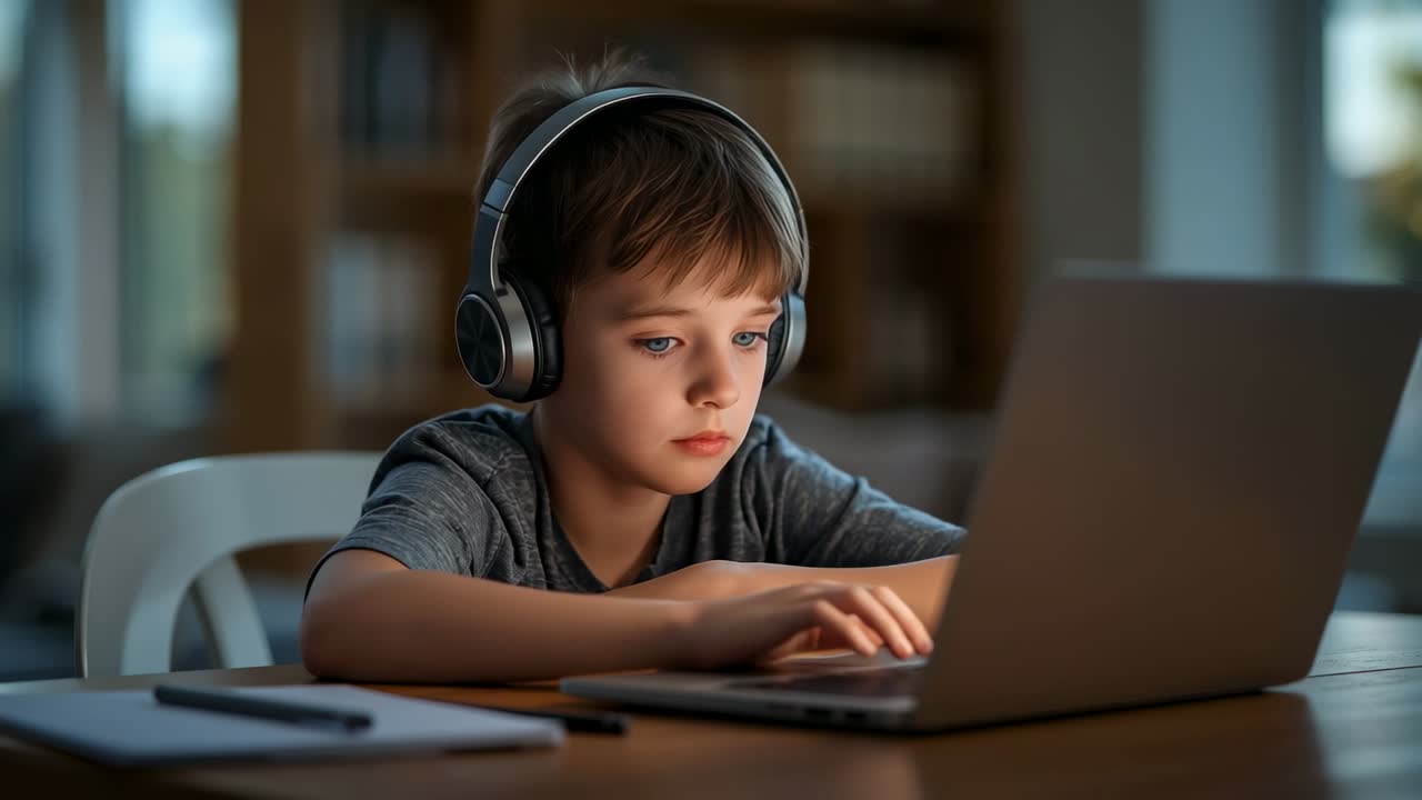 Hearing lesson audio, school-age boy typing on laptop at home study desk, with headphones, notebook