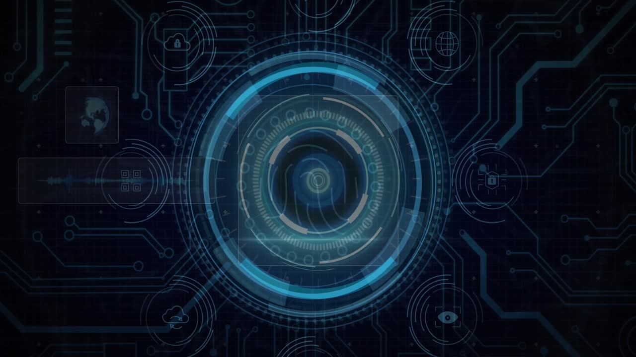 Animation of data protection text and fingerprint in circles over globe and circuit board pattern