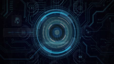 Animation-of-data-protection-text-and-fingerprint-in-circles-over-globe-and-circuit-board-pattern